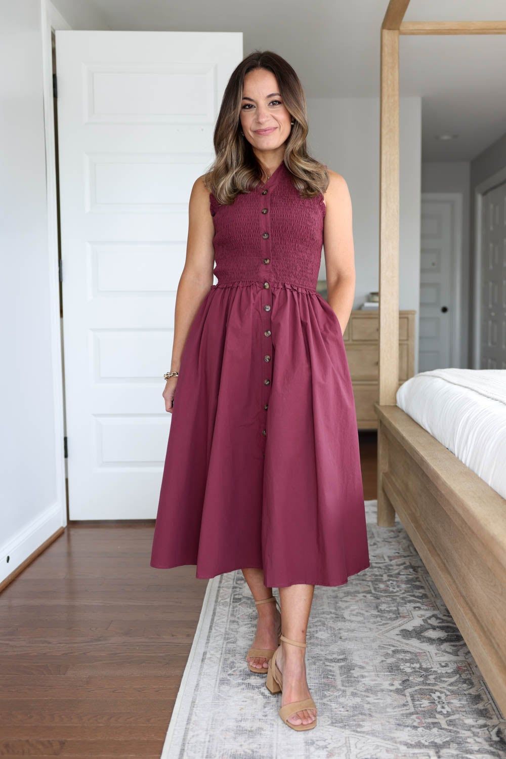 Smocked Bodice Button-Front Midi Dress for Daytime Events — Dresses for Short Women
