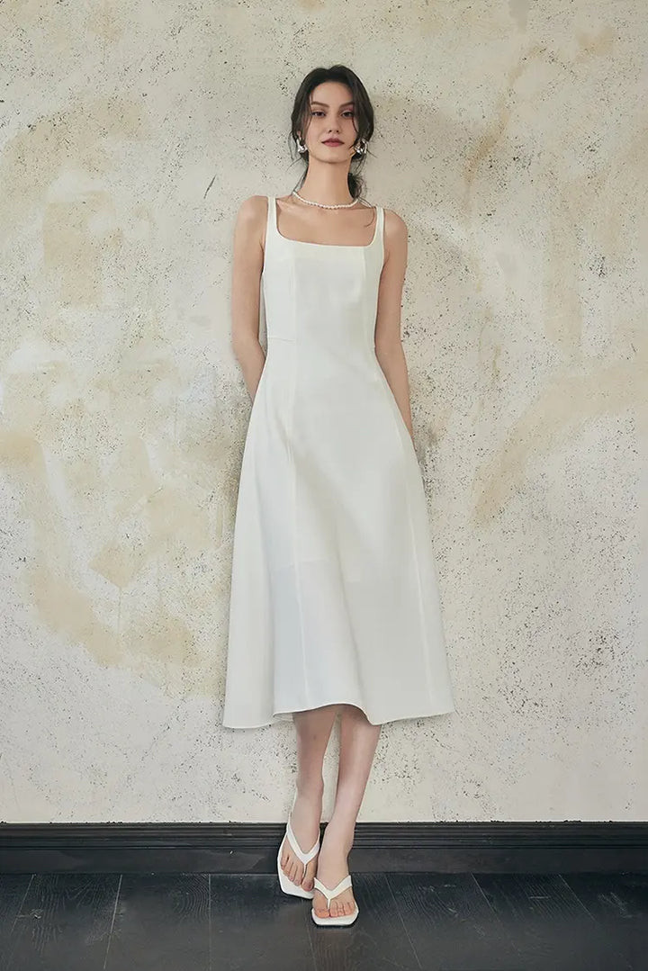 White Linen-Like Square Neck Midi Dress — Graduation Dresses