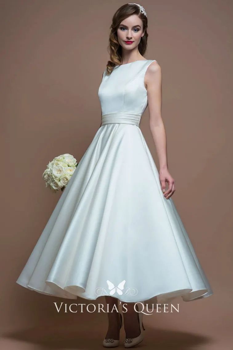 Ivory Satin A-Line Wedding Dress with Bateau Neckline Ivory Satin A-Line Wedding Dress with Bateau Neckline — Tea Length Dresses