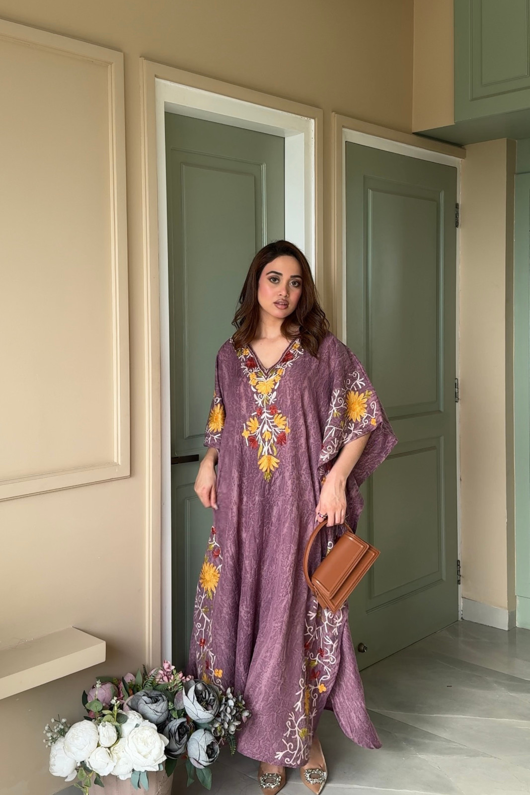 Mauve Aari Kashmiri Long Cotton Kaftan Dress For Women
