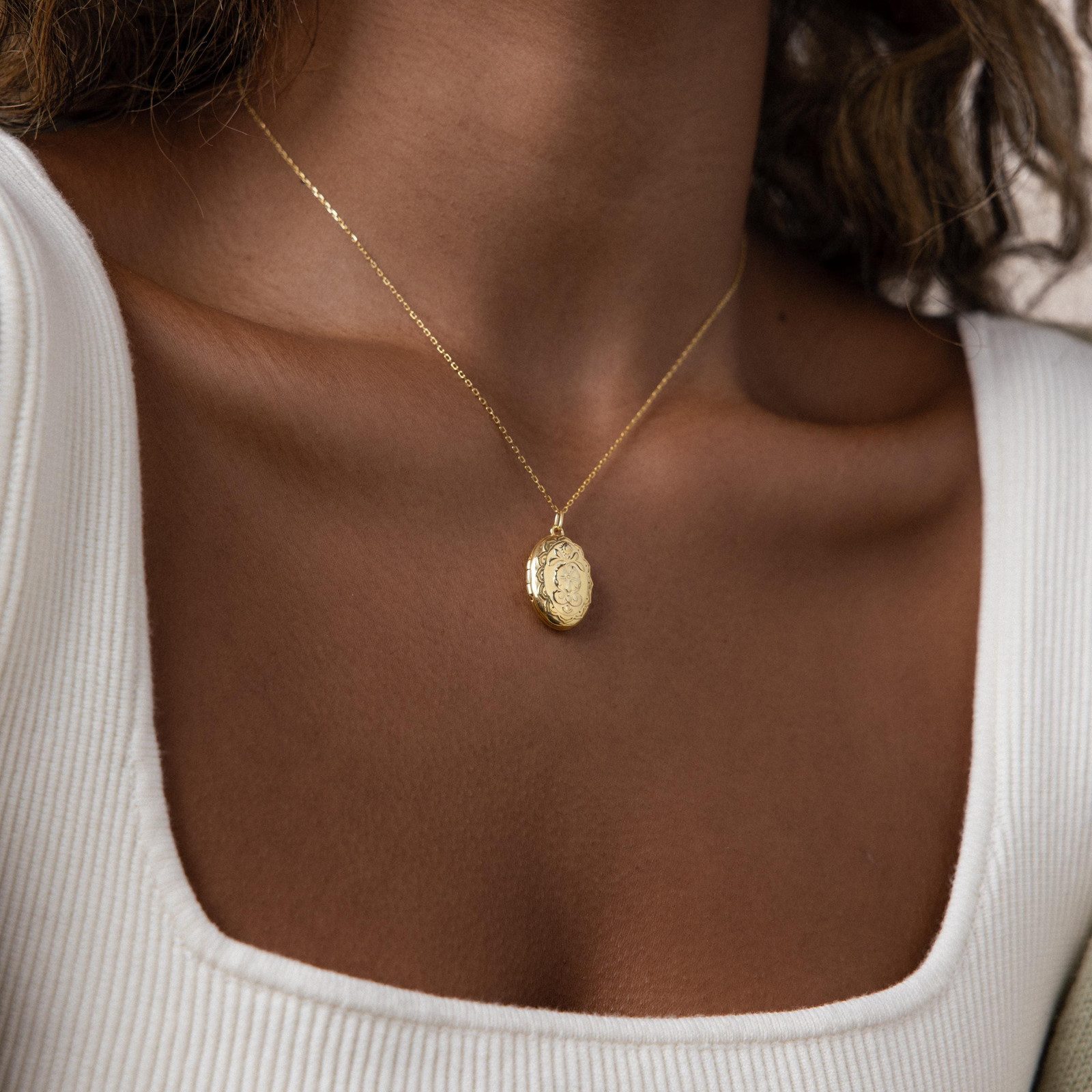 Engraved Gold Oval Locket on Ribbed Knit — Locket Necklaces