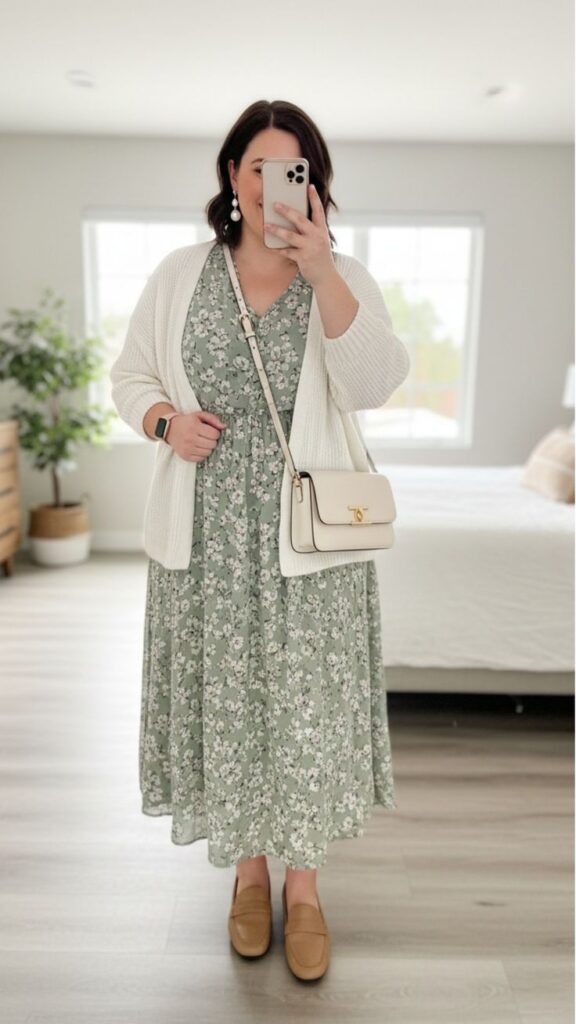 Empire Waist Dress with a Cardigan for Soft Definition Empire Waist Dress with a Cardigan for Soft Definition — Outfits for Apple Shape