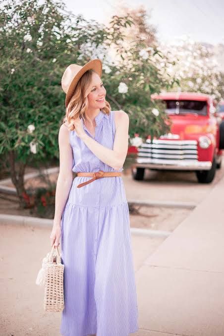 Striped Tiered Midi Dress with Leather Belt and Straw Accessories — Midi Dress Outfits