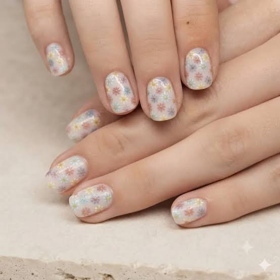 Delicate Floral Pattern Across All Nails Visual Idea Delicate Floral Pattern Across All Nails Visual Idea — Nails for Short Nail Beds