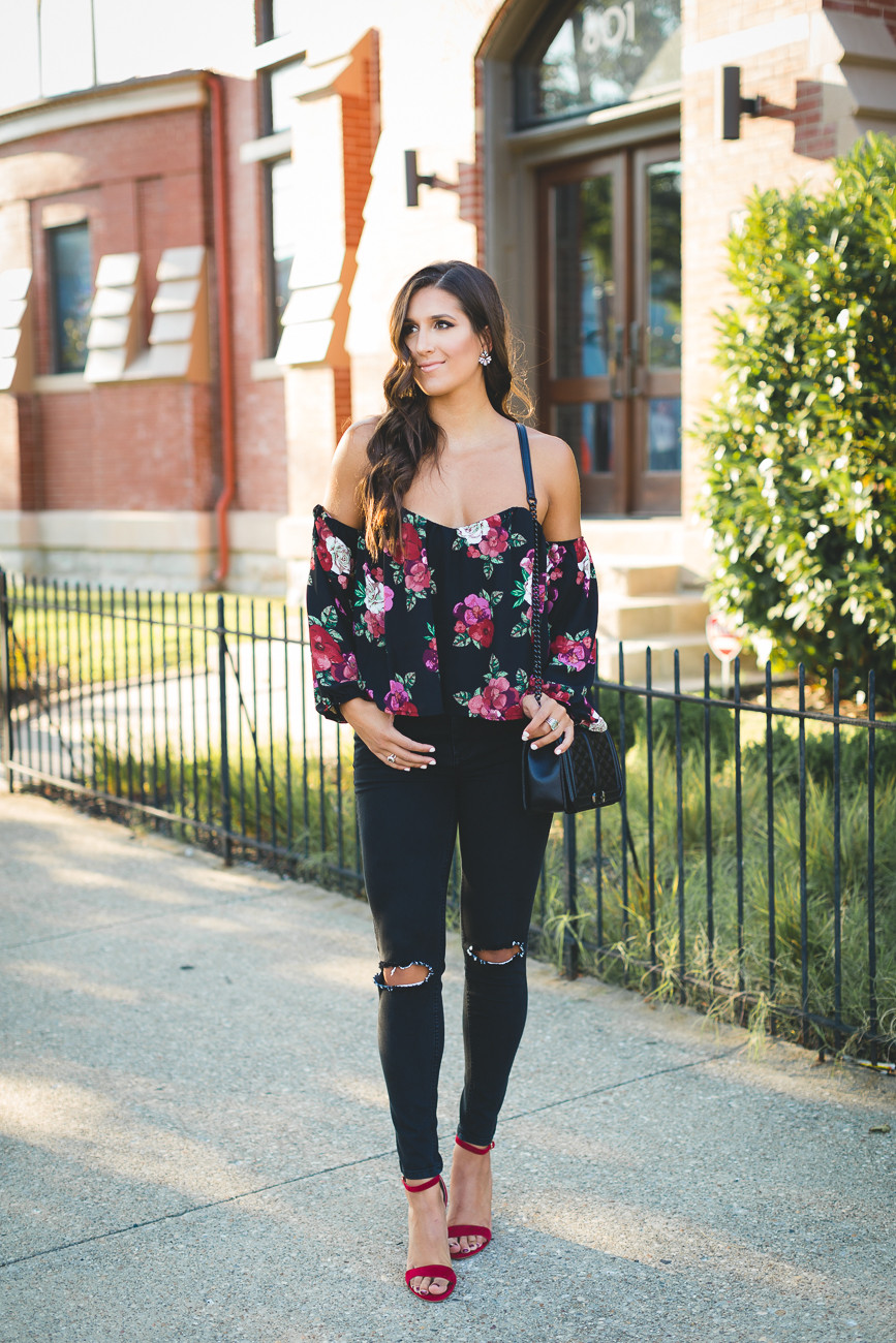 Bold Florals: Black Off-the-Shoulder Top with Ripped Skinny Jeans — Off the Shoulder Top Outfits