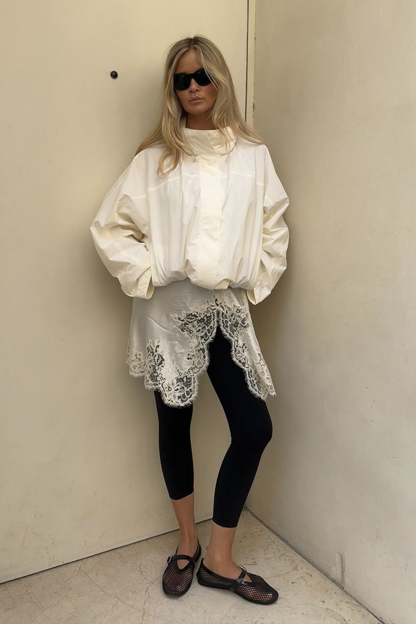 White Oversized Windbreaker with Slip Dress and Black Flats White Oversized Windbreaker with Slip Dress and Black Flats — Windbreaker Outfits
