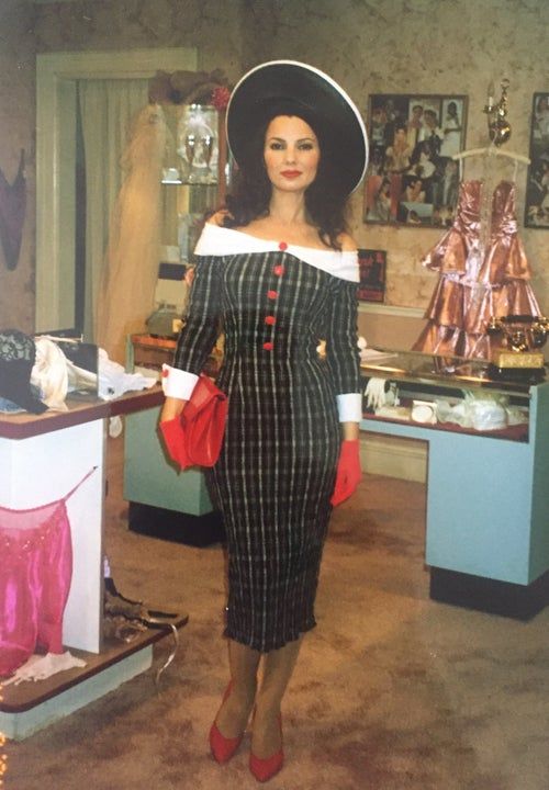 Vintage Glamour: Off-the-Shoulder Plaid Dress with Red Accents Nanny Outfits