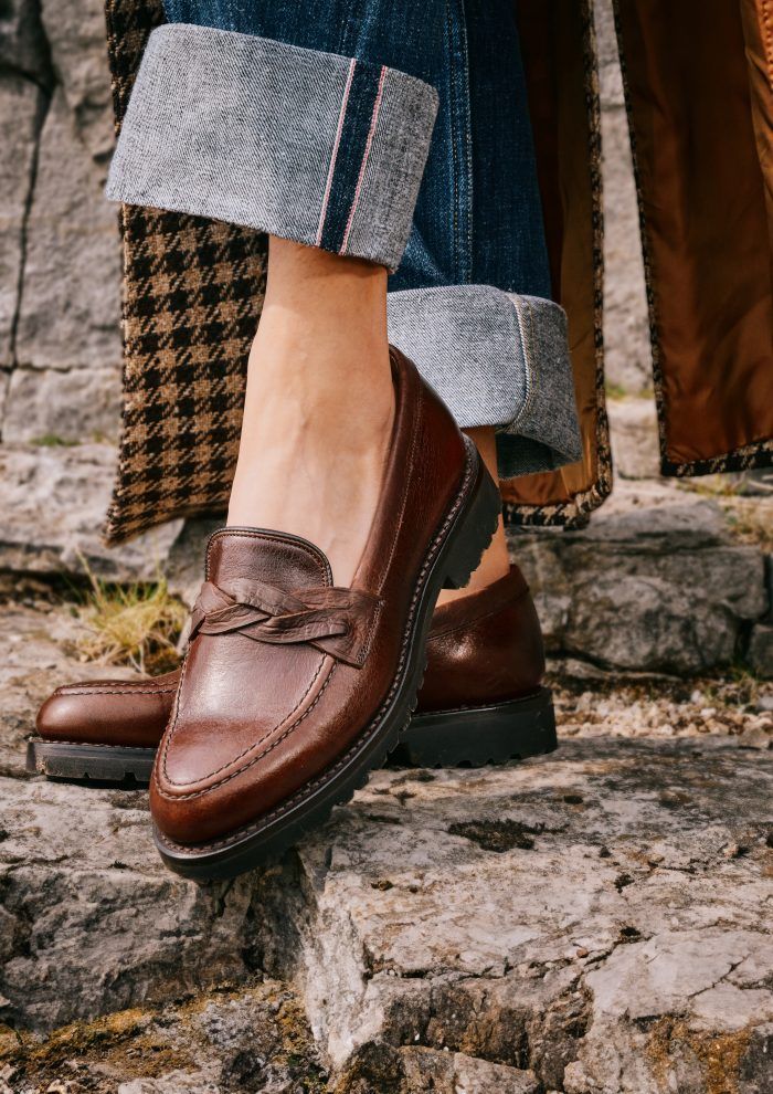 Houndstooth Coat and Cuffed Jeans with Braided Loafers — Penny Loafers Outfits