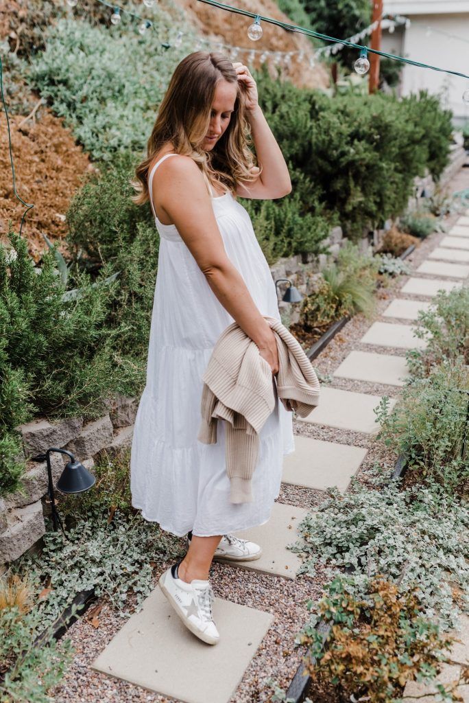 Tiered Midi Dress with Star Detail Sneakers — Golden Goose Outfits