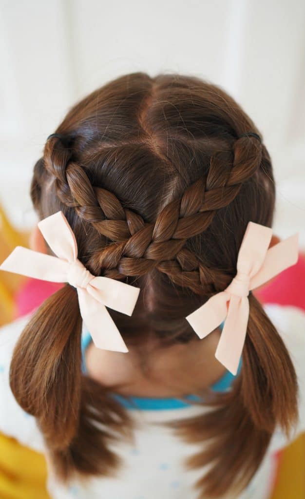 Dark Brown Pigtail Braids With Bows Dark Brown Pigtail Braids With Bows — School Hairstyles