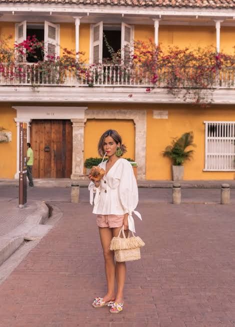Casual Cool: White Tie-Detail Blouse with Pink Striped Shorts — Cartagena Outfits