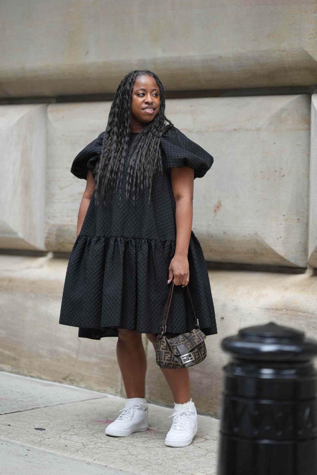 Textured Mini Dress with White High-Top Sneakers — Retro Sneakers Outfits