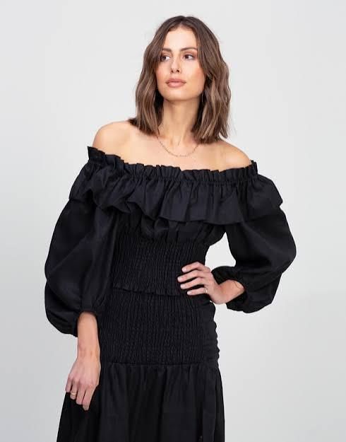 Black Off-the-Shoulder Dress with Smocked Bodice and Voluminous Skirt Black Off-the-Shoulder Dress with Smocked Bodice and Voluminous Skirt — Dresses for Broad Shoulders