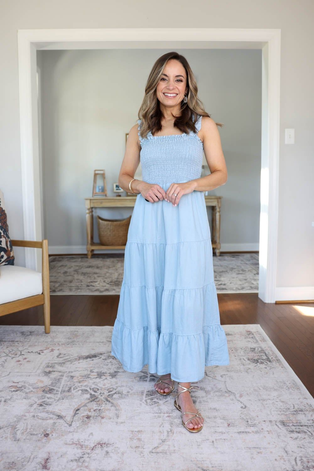 Light Blue Smocked Maxi Dress with Gold Accents Light Blue Smocked Maxi Dress with Gold Accents — Maxi Dress Outfits