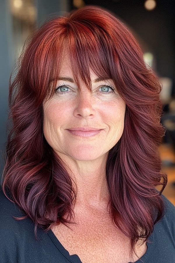 Burgundy With Red Highlights Burgundy With Red Highlights — Hair Color for Women Over 40