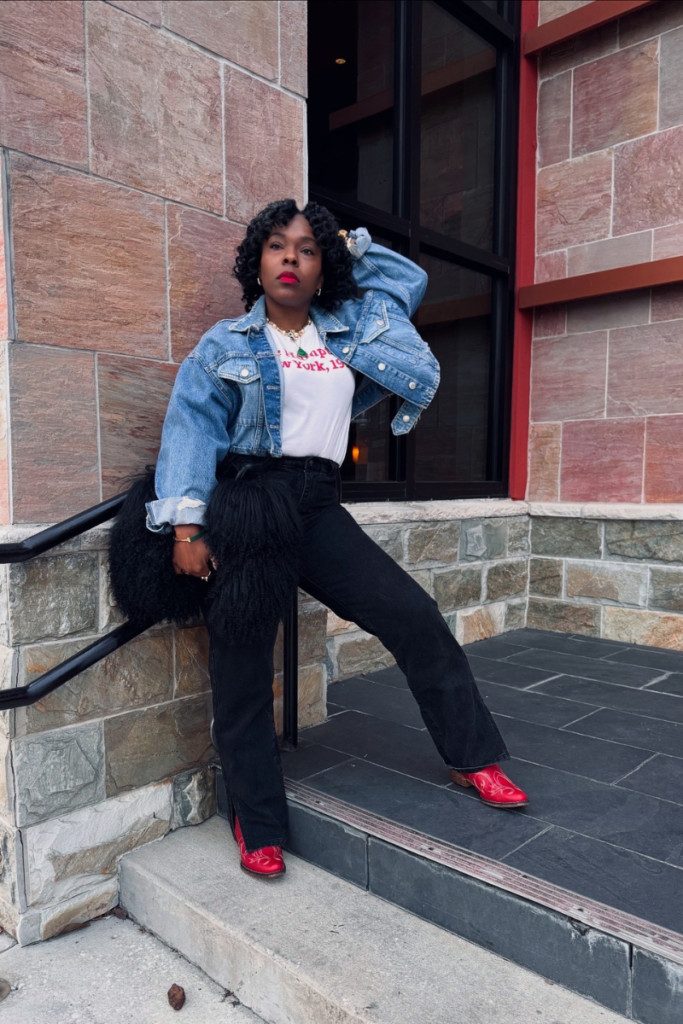 Bold Red Cowboy Boots with Oversized Denim Jacket Bold Red Cowboy Boots with Oversized Denim Jacket — Cowboy Boots with Jeans Outfits