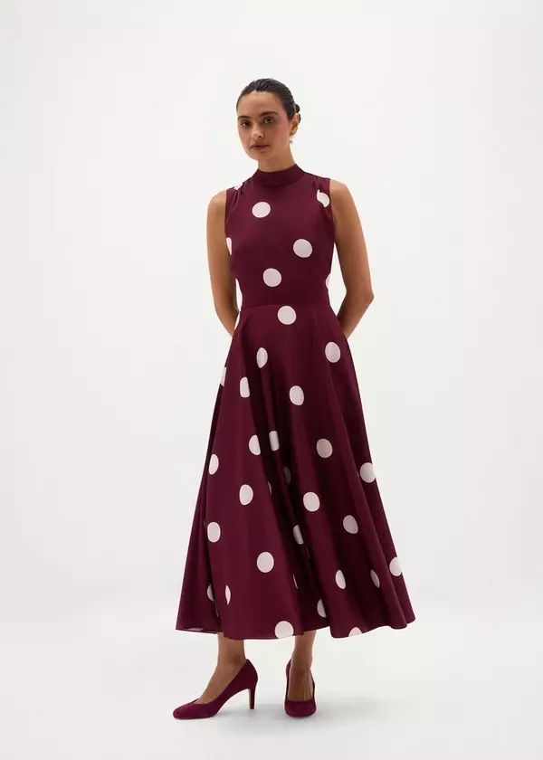 Burgundy Fit-and-Flare Midi Dress for Formal Events Burgundy Fit-and-Flare Midi Dress for Formal Events — Polka Dot Dresses