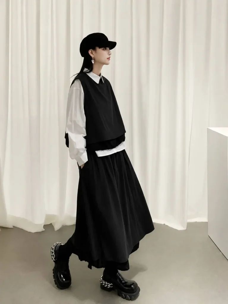 Monochromatic Chic: Vest Over Shirt with Voluminous Skirt — Seoul Outfits