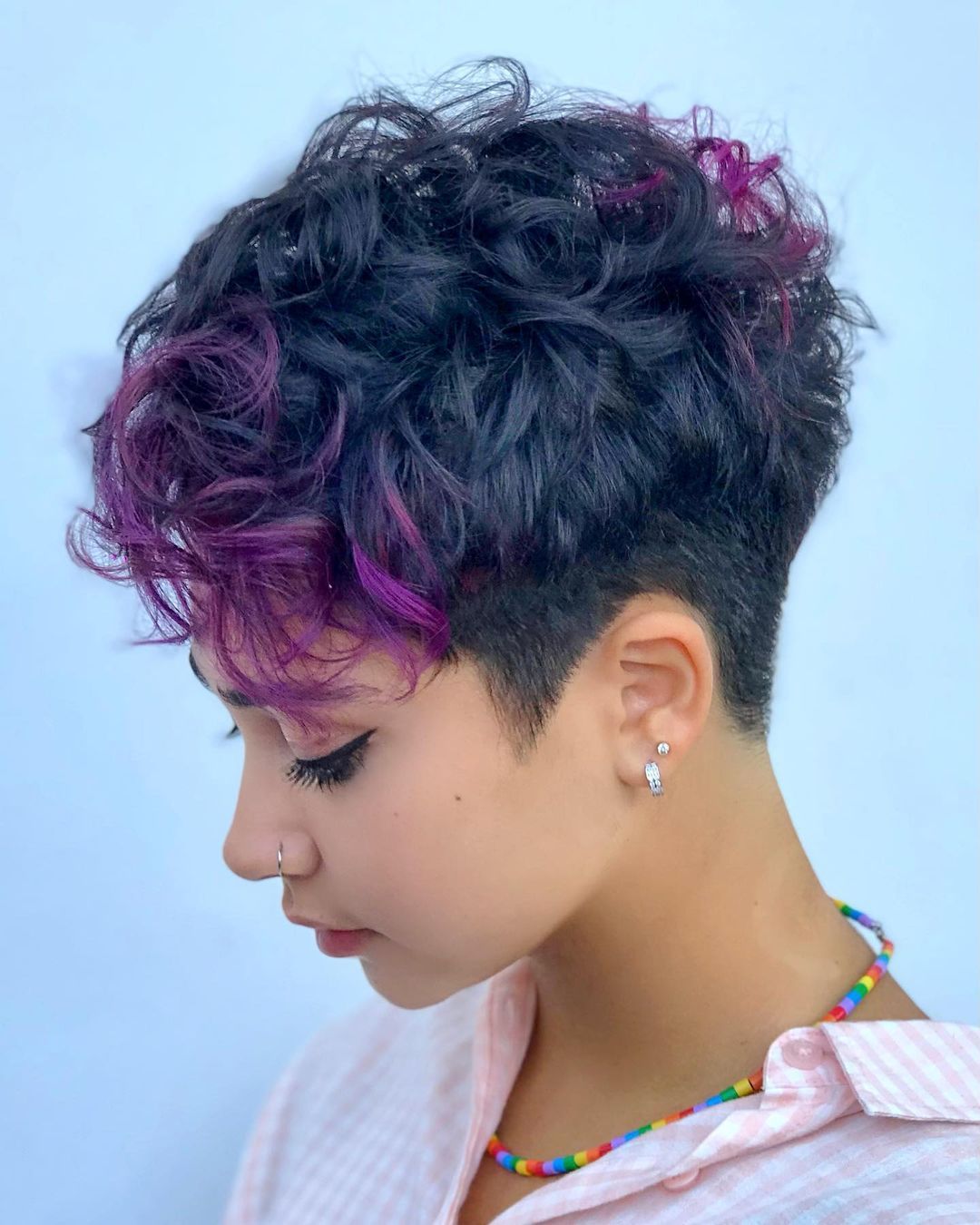 Black Pixie With Purple Fringe — Curly Pixie