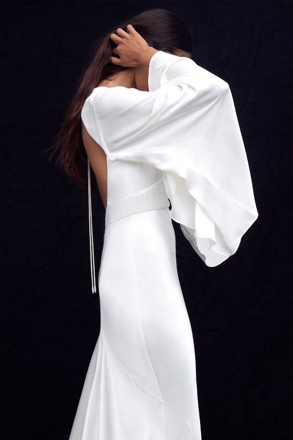 White Maxi with Draped Bell Sleeves and Open Back White Maxi with Draped Bell Sleeves and Open Back — Backless Dresses
