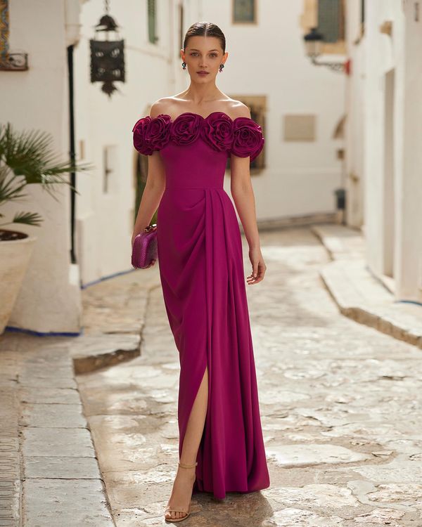 Magenta Off-Shoulder Dress with Rose Embellishments Magenta Off-Shoulder Dress with Rose Embellishments — Formal Dresses