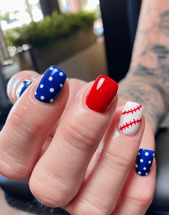 Short Square Baseball Stitch and Polka Dots Short Square Baseball Stitch and Polka Dots — Baseball Mom Nails