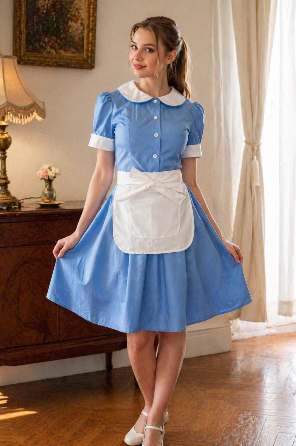 Blue A-Line Dress with White Apron and Bow for Hostess Duties Blue A-Line Dress with White Apron and Bow for Hostess Duties — Hostess Outfits