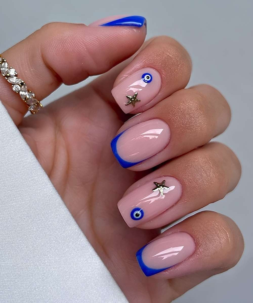 Vibrant Blue French Tip Evil Eye Nails Vibrant Blue French Tip Evil Eye Nails