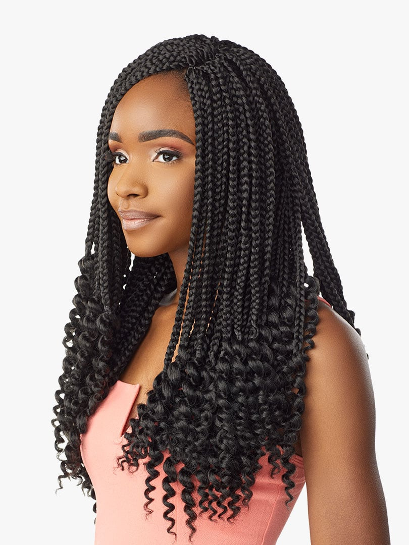 Mid-Back Black Braids With Wavy Curly Texture Mid-Back Black Braids With Wavy Curly Texture — Goddess Box Braids