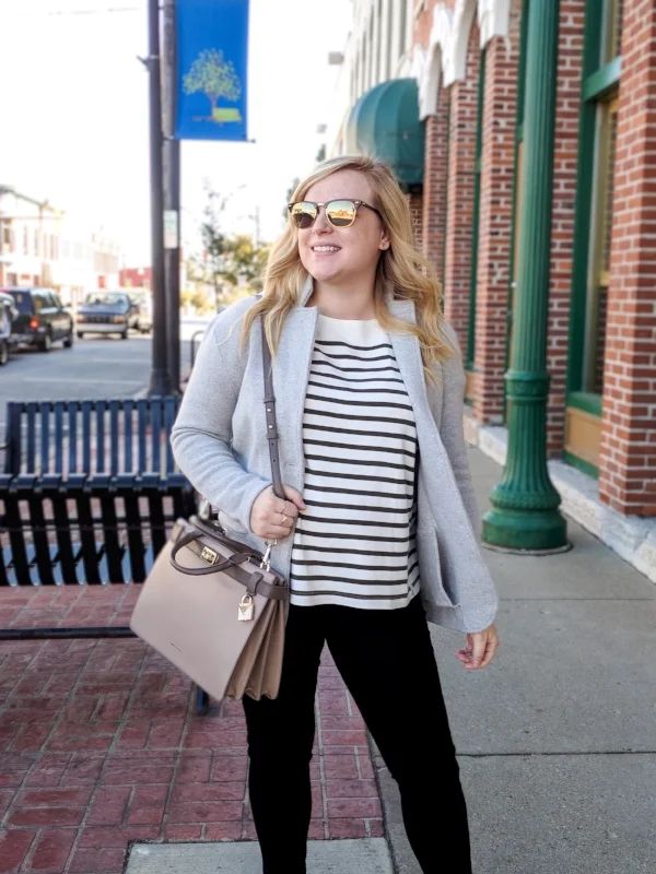 Casual Daytime Look with Taupe Satchel and Striped Top — Michael Kors Bag Outfits