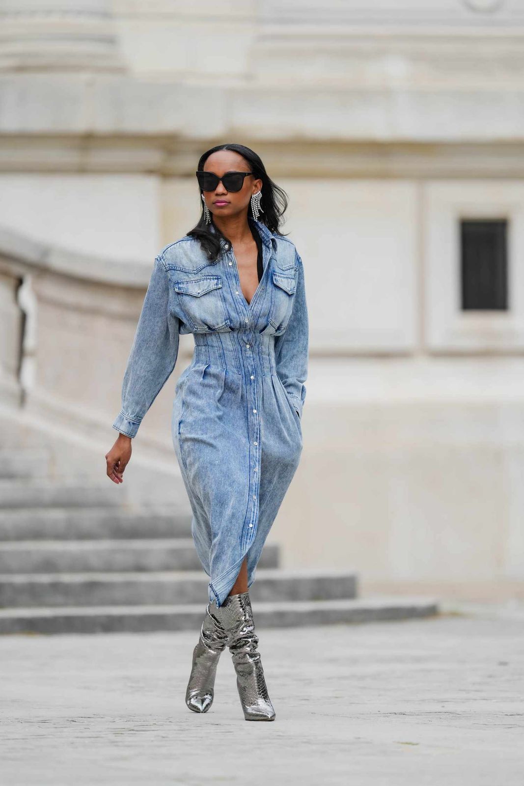 Denim Dress Statement: Midi Length with Bold Boots — Outfits for Skinny Girls