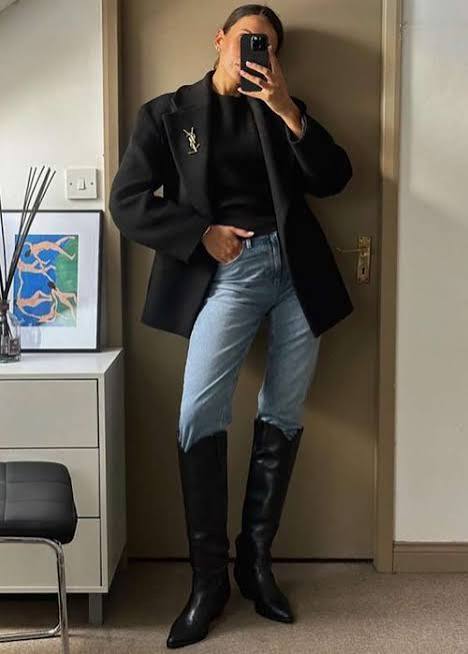 Black Cowboy Boots with Jeans and Black Blazer — Cowboy Boots Outfits