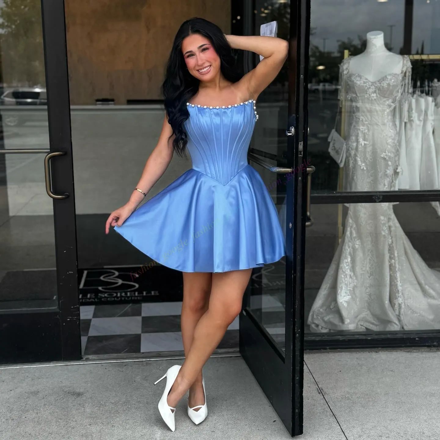 Light Blue Satin Short Dress with Pearl Corset Bodice — Sweet 16 Dresses