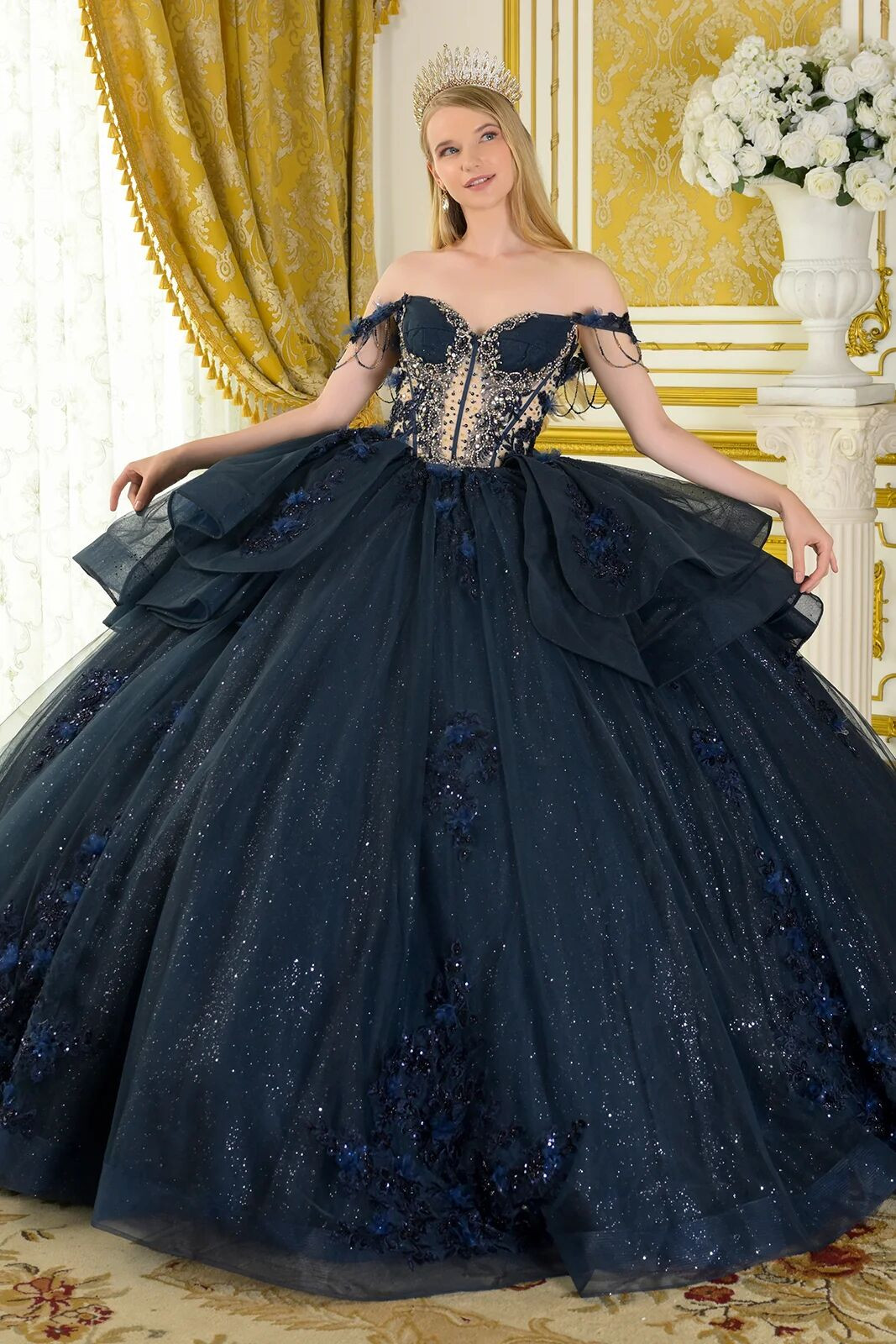 Navy Blue Ballgown with Glitter Tulle and Lace — Quinceanera Guest Outfits