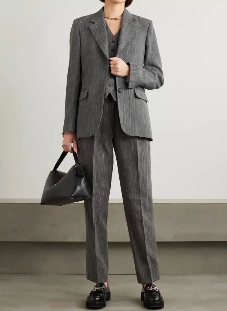 Sophisticated Grey Pinstripe Three-Piece Suit Ensemble Sophisticated Grey Pinstripe Three-Piece Suit Ensemble — Lawyer Outfits