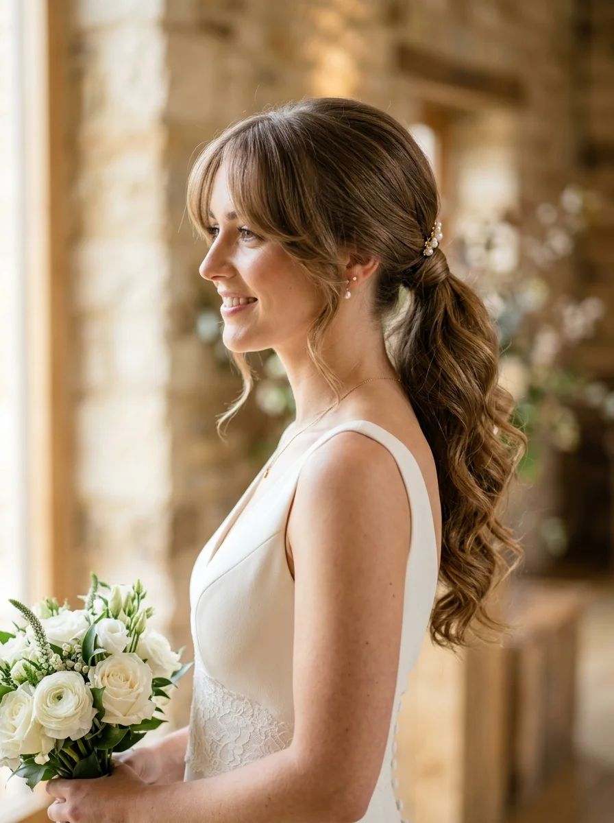 Dark Blonde Ponytail with Accessory Dark Blonde Ponytail with Accessory — Ponytail with Curtain Bangs