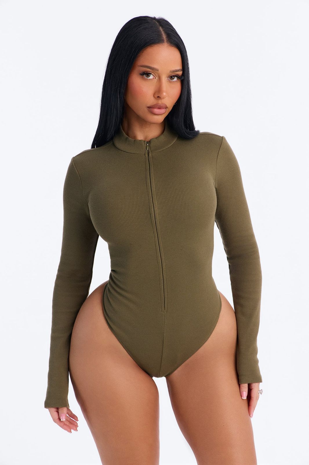 Olive Green Ribbed Knit Bodysuit with Zipper Detail — Fashion Nova Outfits
