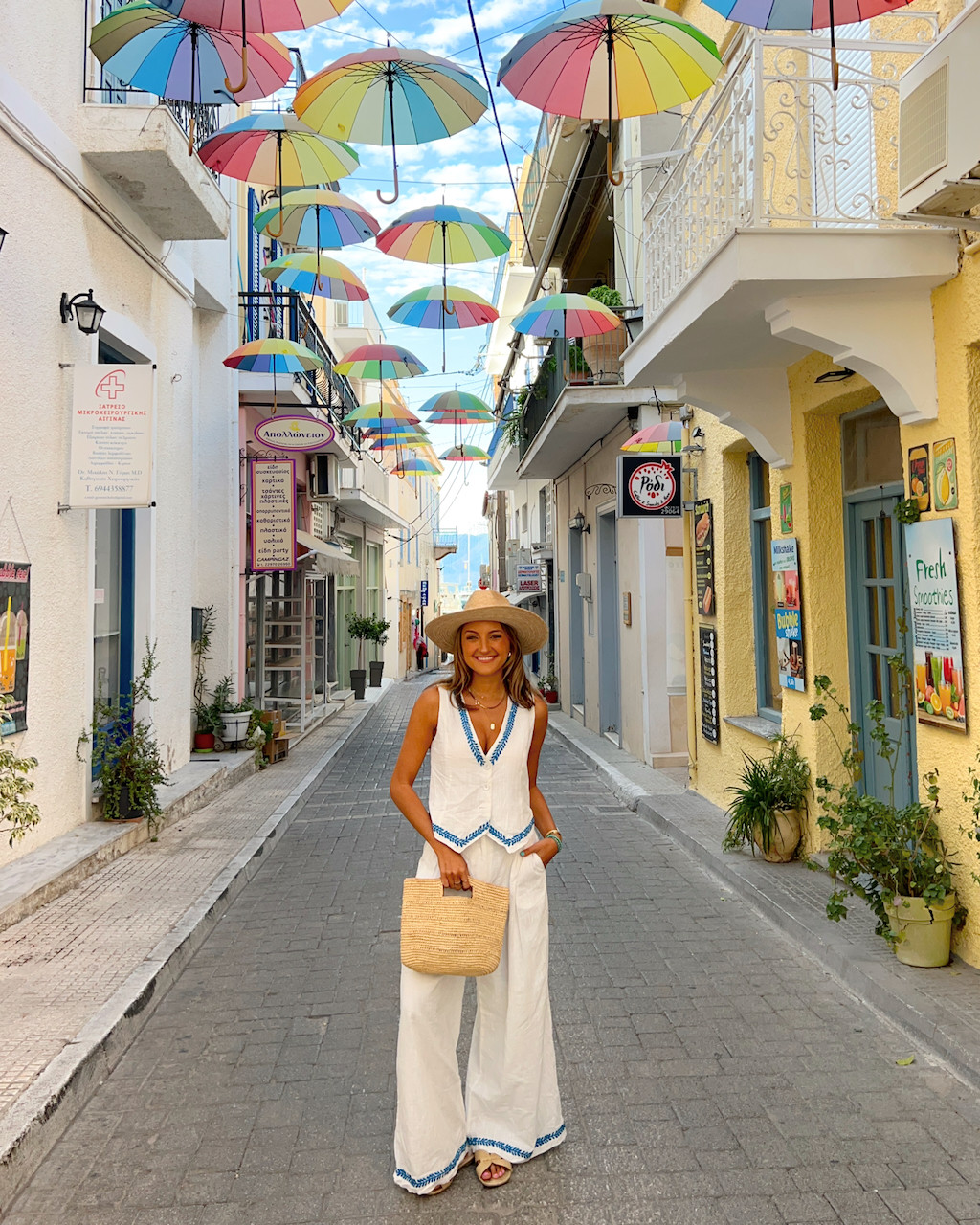 Chic White Linen Set with Straw Accessories Chic White Linen Set with Straw Accessories — Greece Outfits