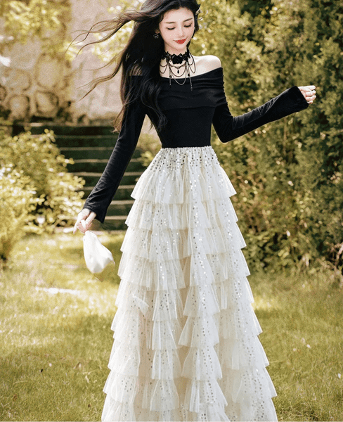 Romantic Black Top with Sequined Tiered Skirt — Angelcore Outfits