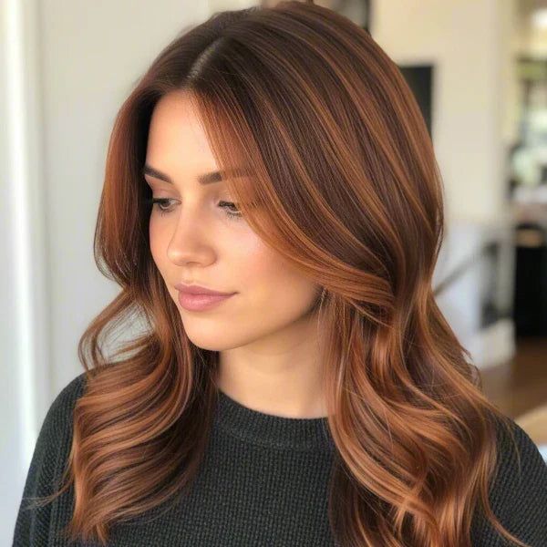 Warm Copper Base With Golden Highlights Visual Idea Warm Copper Base With Golden Highlights Visual Idea — Hair Color for Olive Skin