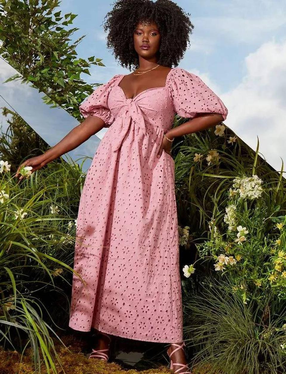 Pink Eyelet Midi Dress with Puff Sleeves and Tie Front — Dresses for Big Arms