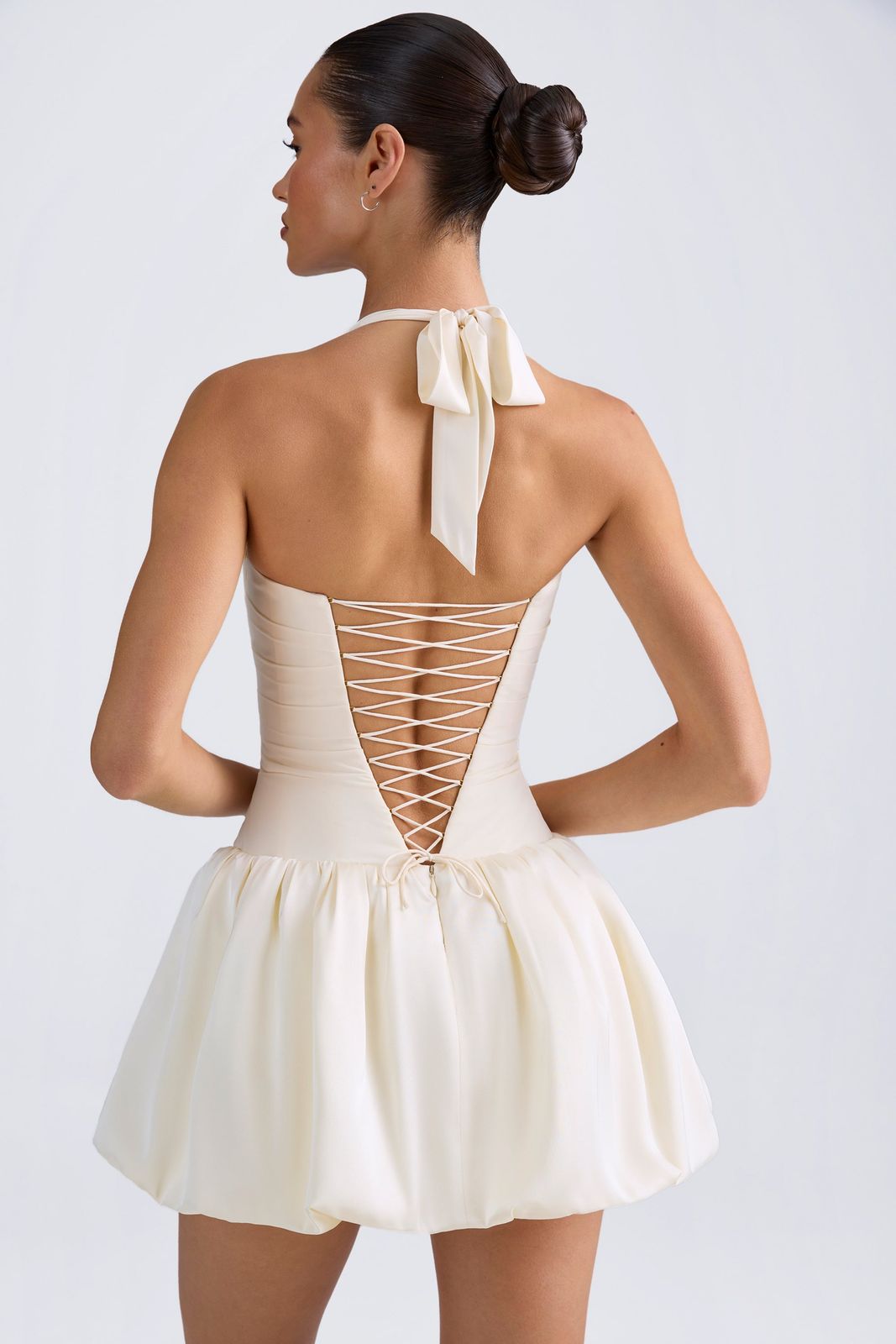 Cream Satin Halter Dress with Lace-Up Back and Bubble Hem — Bubble Hem Dresses