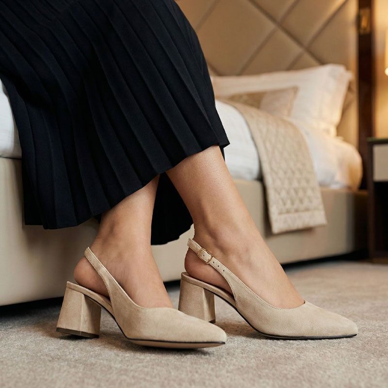Smart Casual with Beige Slingbacks and Midi Skirt — Block Heels Outfits