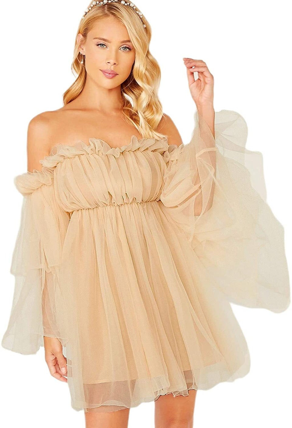 Pale Beige Tulle Dress with Pearl Headband — Royalcore Outfits