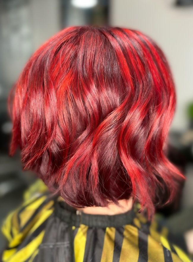 Vivid Red With Bright Red Highlights Vivid Red With Bright Red Highlights — Fun Hair Colors