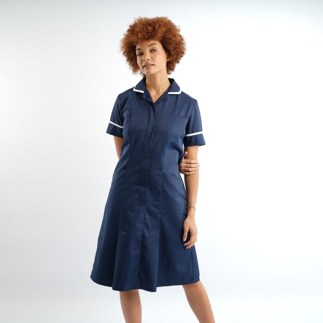 Workwear Medical Navy A-Line Nurse Dress with Crisp White Trim Workwear Medical Navy A-Line Nurse Dress with Crisp White Trim — Nurse Outfits