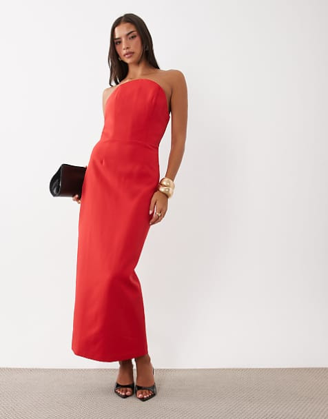 Red Satin Strapless Maxi Dress for Evening Elegance — Bodycon Dresses