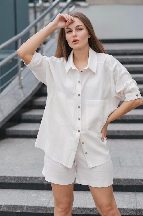 White Linen Button-Up and Shorts Matching Set for Resort Wear Button Up Shirt Outfits