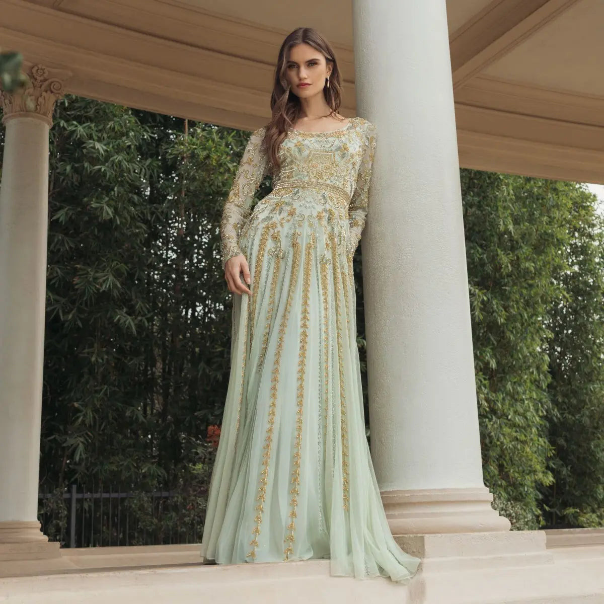 Mint Green Chiffon Gown with Gold Embroidery — Long Sleeve Dresses