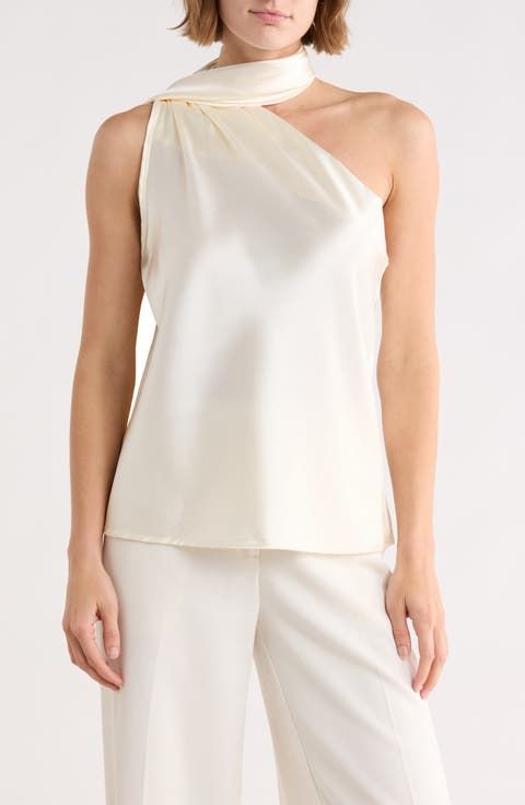 Ivory One-Shoulder Satin Top with Matching Pants — Satin Top Outfits